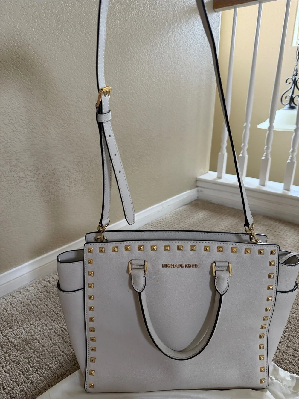 Michael Kors Gold-Studded Saffiano Tote in Light Cream